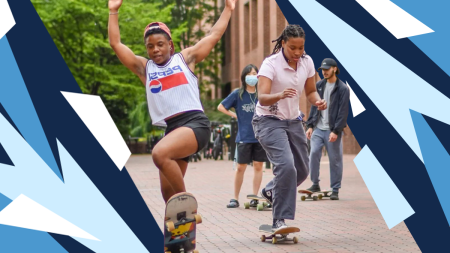 Louise Hoff and other 学生 skateboarding on the campus of UNC-Chapel Hill.